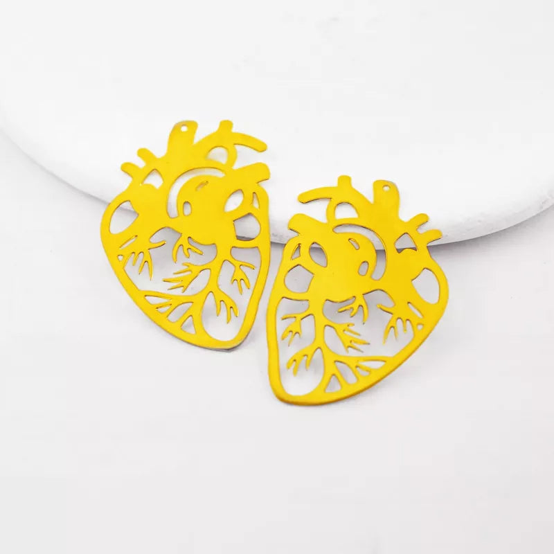 laser cut human heart brass charms in golden tone