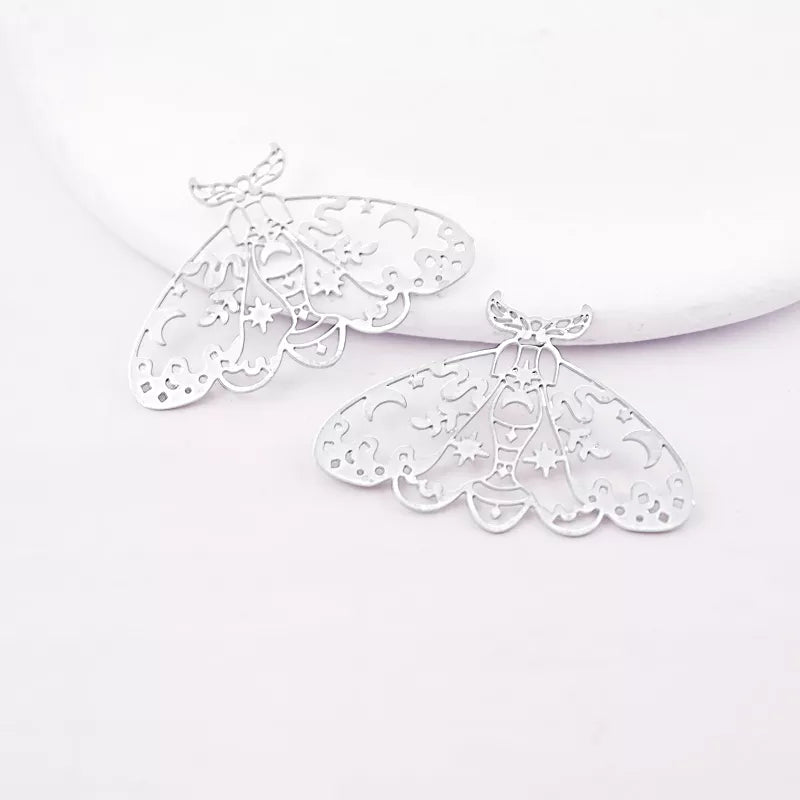 Geometric Moth Metal Silver Jewelry Charms with Moon, Stars, and Snake