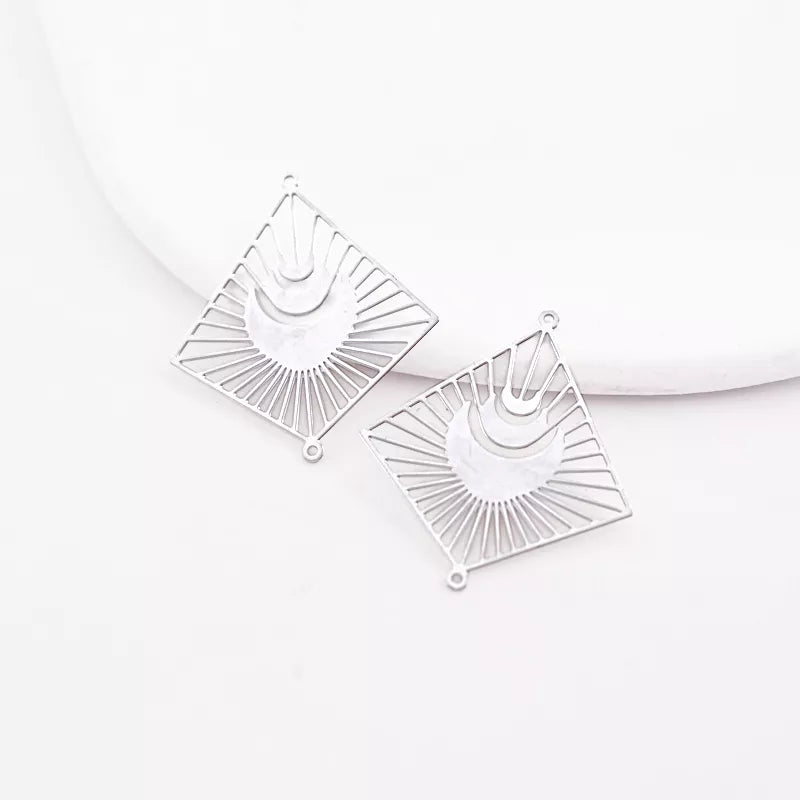 Silver Geometric Irregular Square Pendant with Moons & Radiating Light