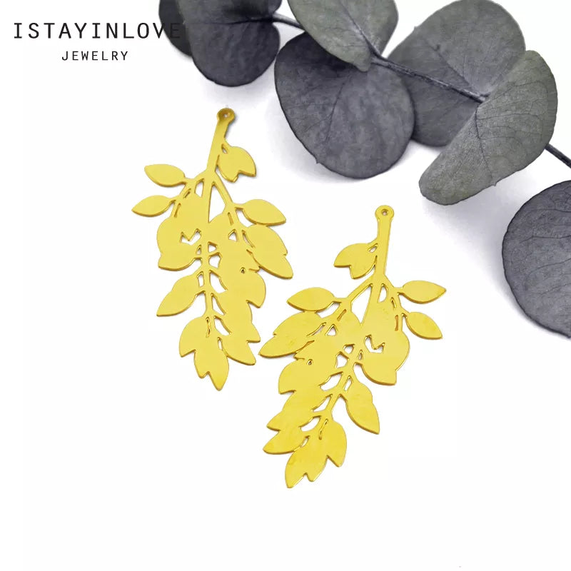 Branch with Leaves Pendant – Nature Brass Charm for Earrings & Necklaces