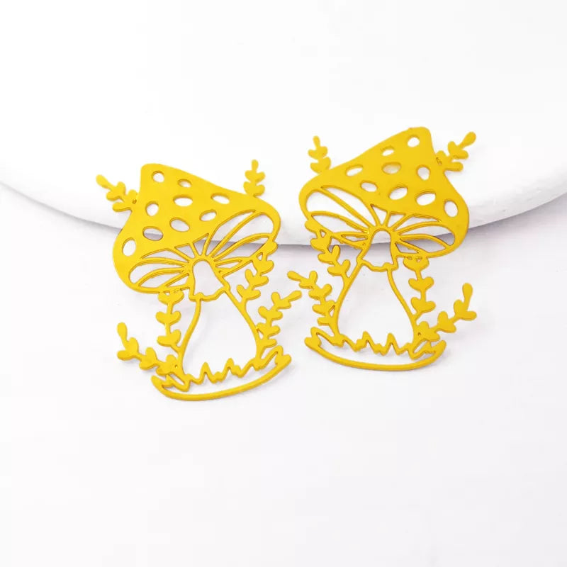 Golden Mushroom Jewelry Pendant with Leaves