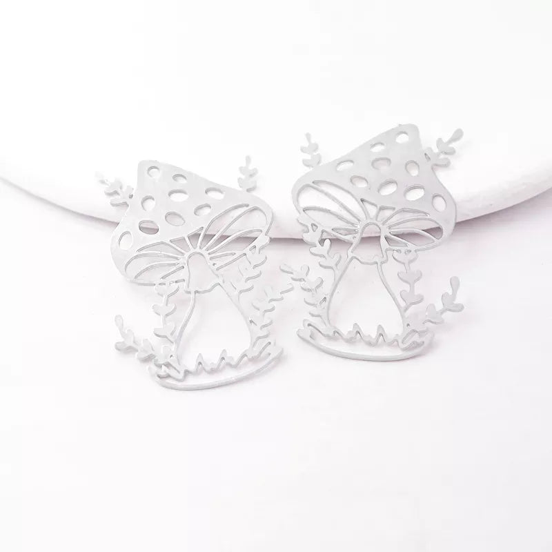 Silver Mushroom Jewelry Pendant with Leaves