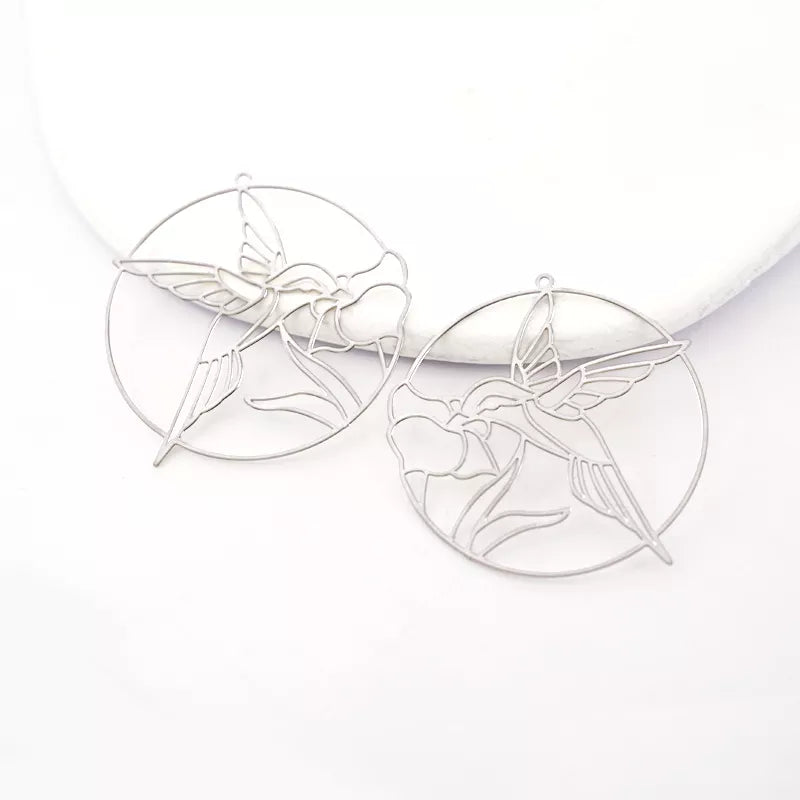 Silver Circle Pendant with Flower and Bird