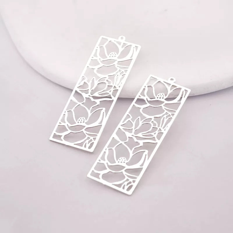 Silver Rectangle Jewelry Pendant with Three Lotus Flowers