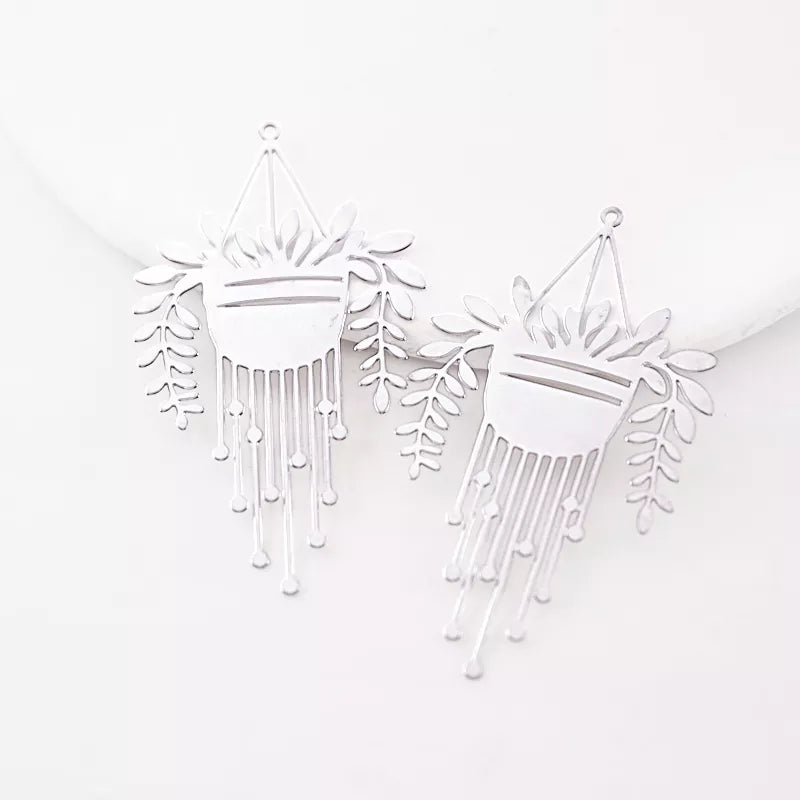 Silver Potted Plant Drop Earrings Pendant