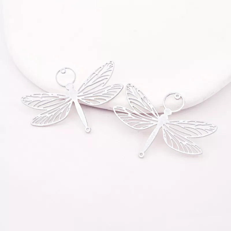 Silver Dragonfly Brass Charm Pendant – Four Wings & Circle Head