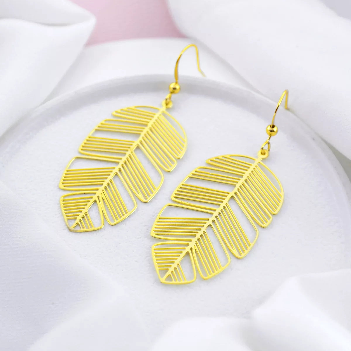 Brass Feather Leaf Dangle Earrings