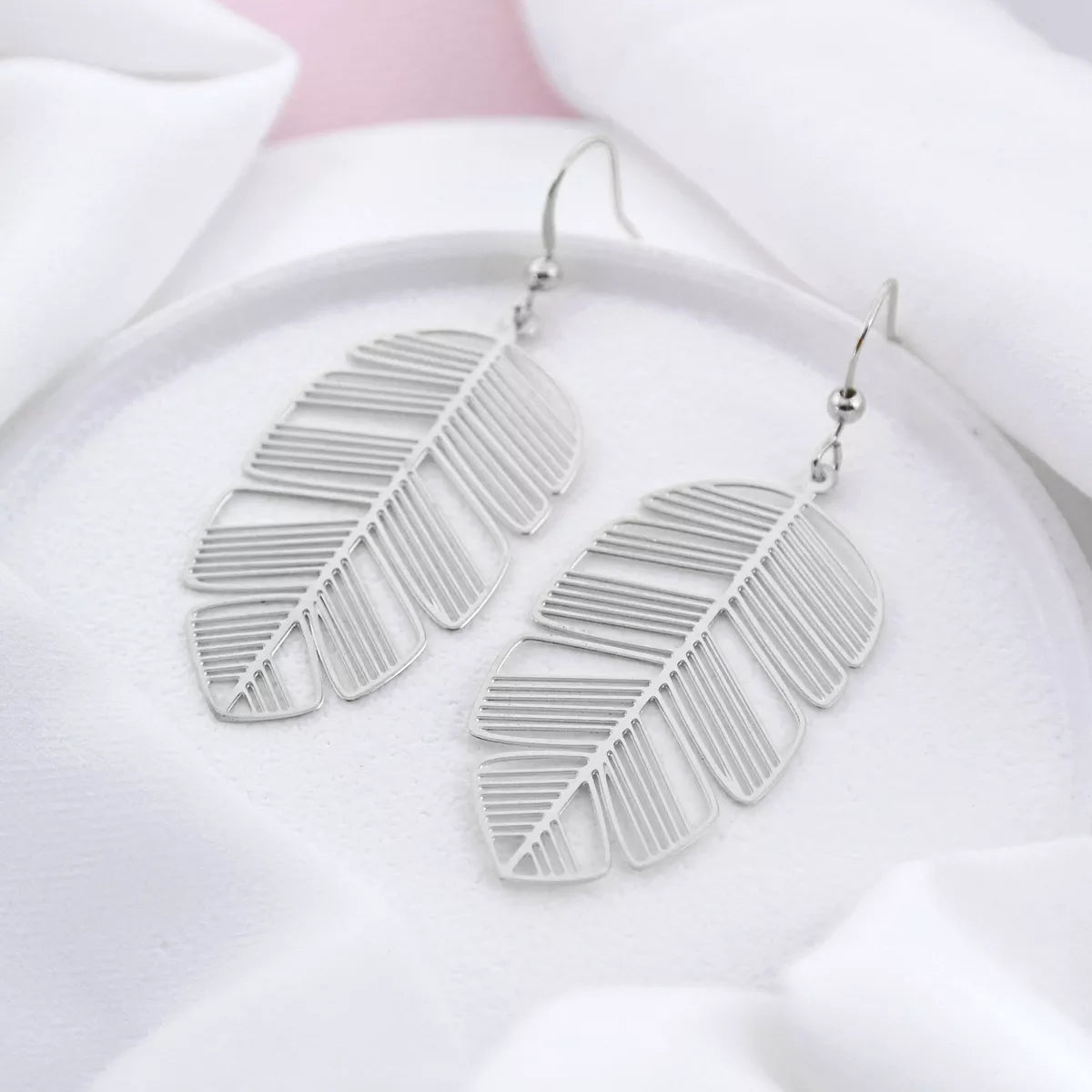 Silver Feather Leaf Dangle Earrings