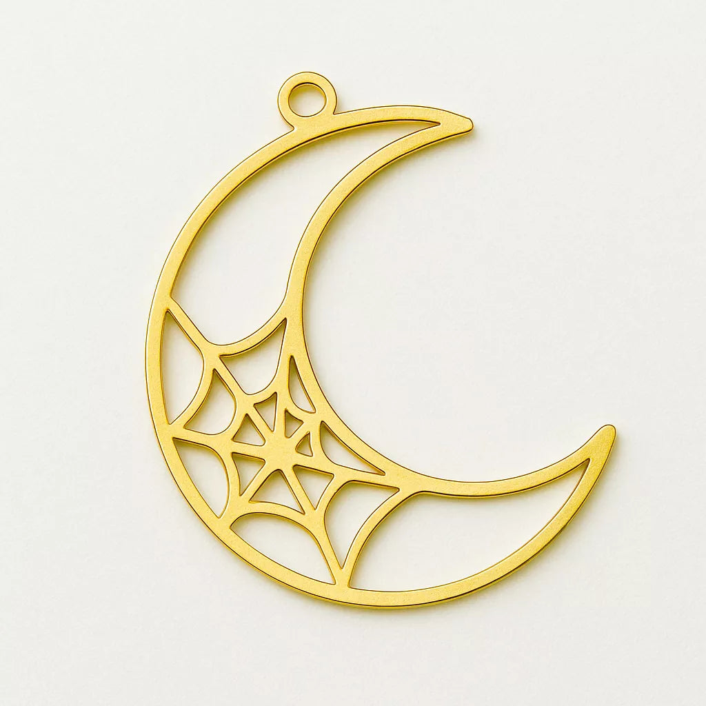 Moon & Spider Web Brass Charm | Unique Raw Metal Jewelry Component