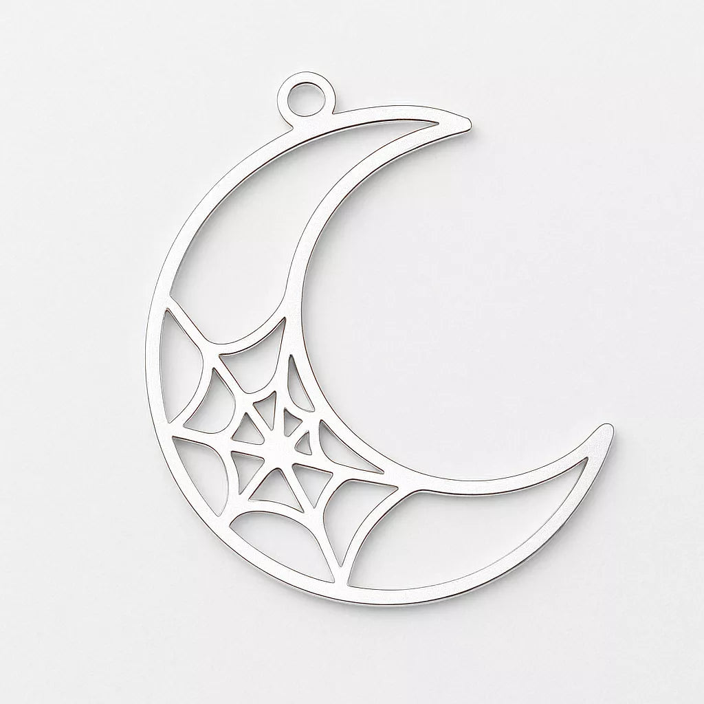 Moon & Spider Web Charm | Raw Stainless Steel Jewelry Component