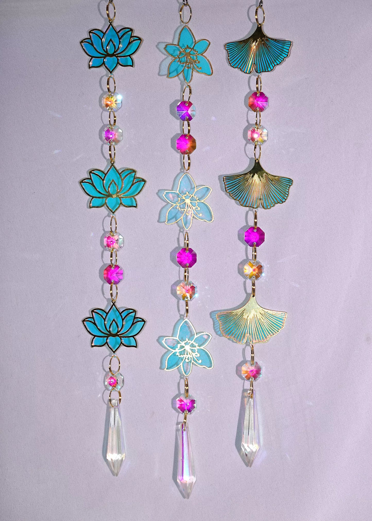 Shining Brass Lotus, Flower & Ginkgo Leaf Charms Suncatcher - Elegant Window Decor
