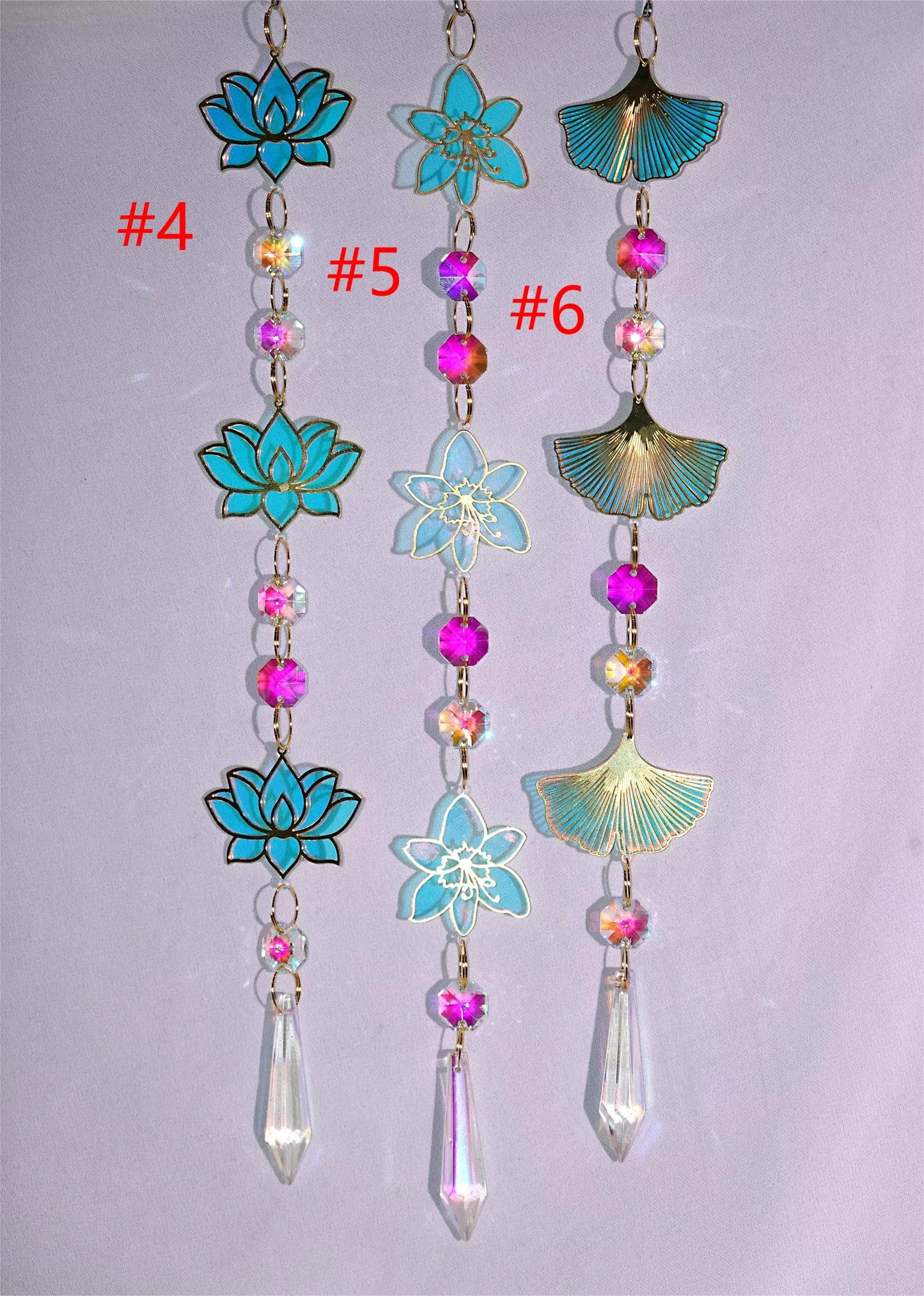 Shining Brass Lotus, Flower & Ginkgo Leaf Charms Suncatcher - Elegant Window Decor