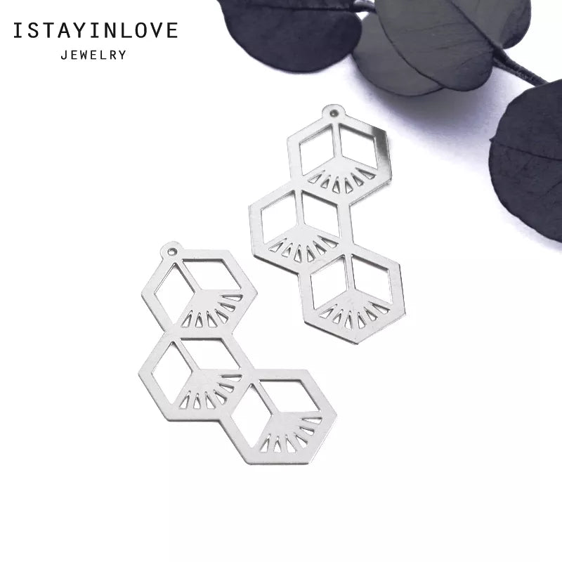 Hexagon Pendant – Geometric Brass or Steel Charm for Necklaces & Earrings