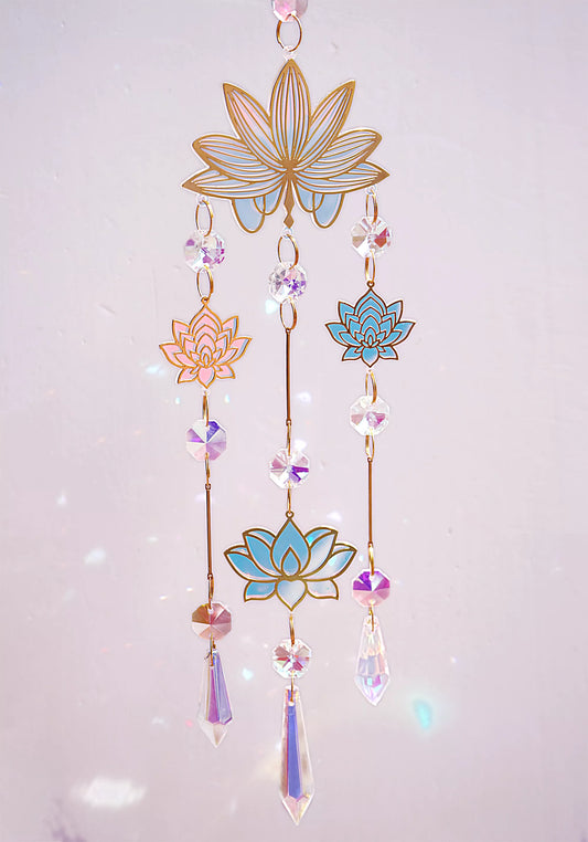 Suncatcher with Lotus Brass Pendants & Rainbow Glass Beads