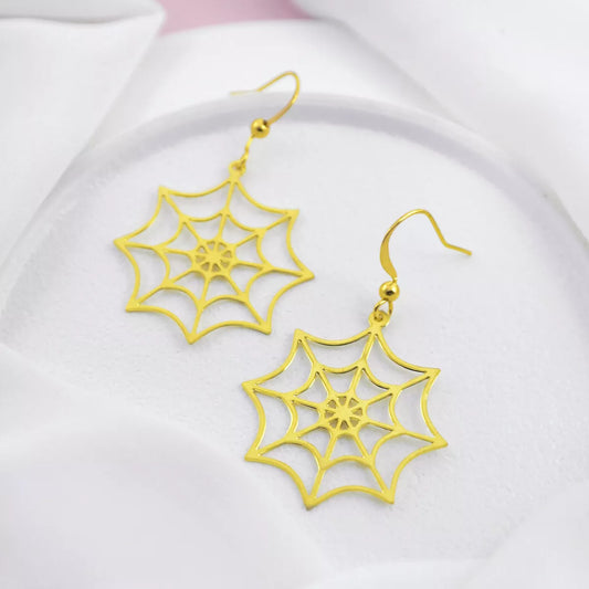 Brass Spider Web Dangle Earrings