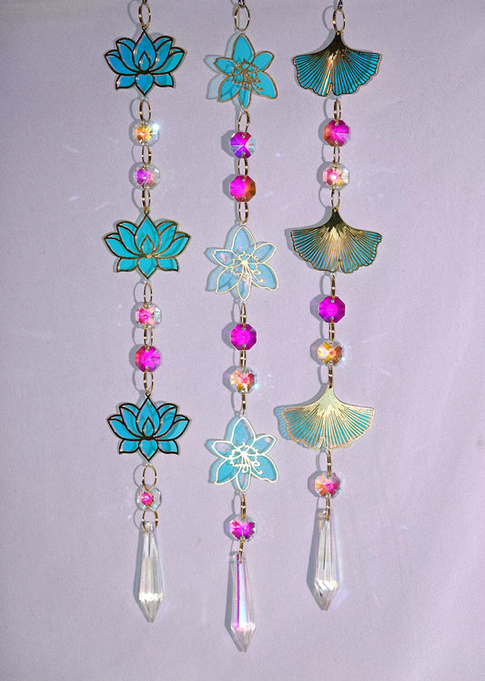 Shining Brass Lotus, Flower & Ginkgo Leaf Charms Suncatcher - Elegant Window Decor