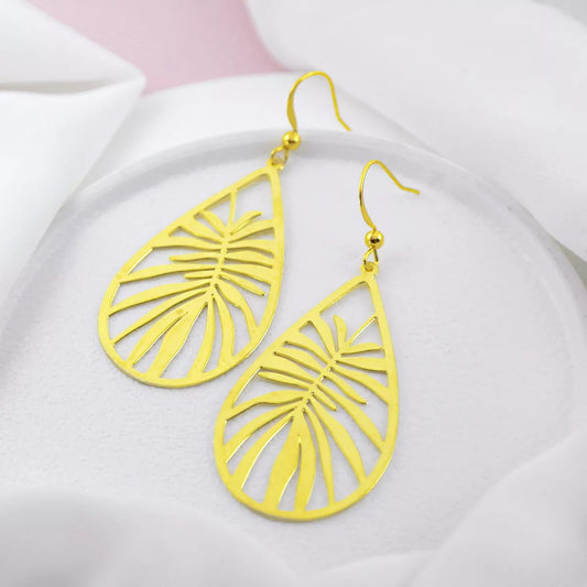 brass Teardrop Leaf Dangle Earrings
