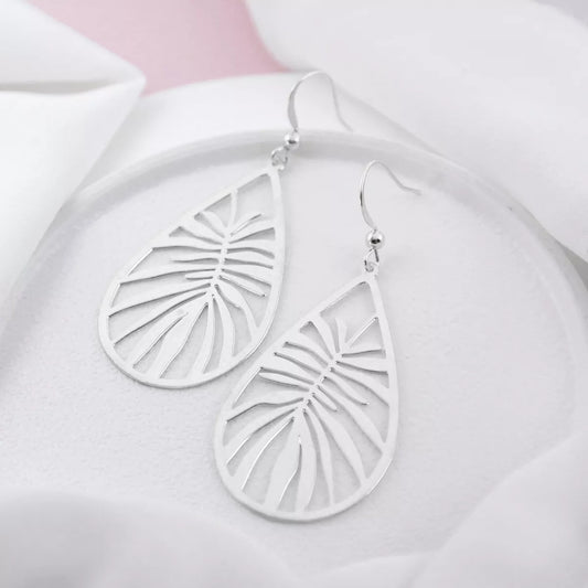 Silver Teardrop Leaf Dangle Earrings